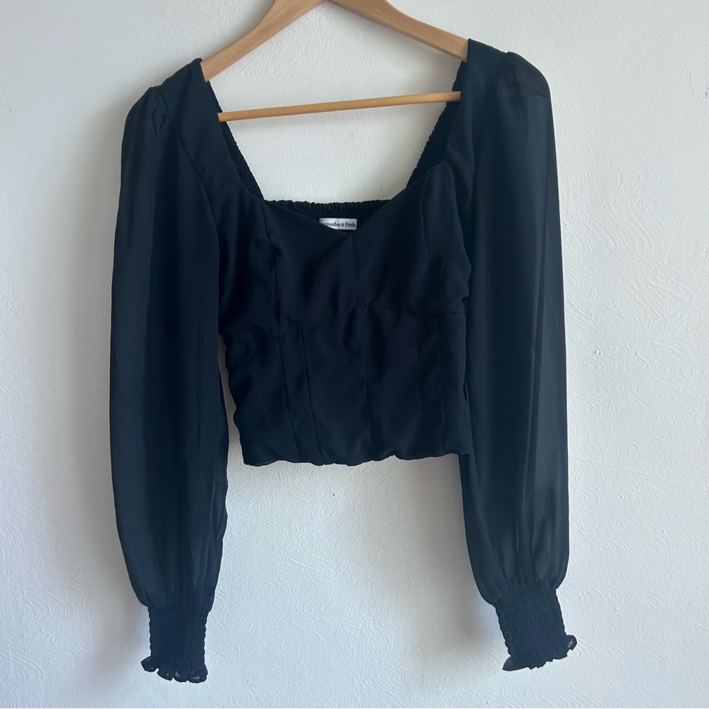 Abercrombie & Fitch Black Corset Top | Square Neck Chiffon Puff Sleeve Smocked S
